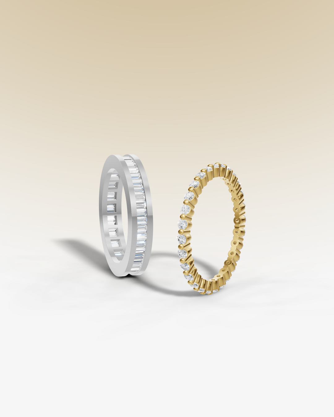 White gold and yellow gold women's eternity bands with diamonds