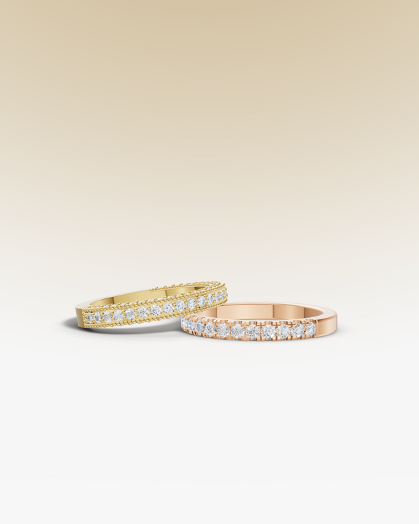 Yellow gold and rose gold women's half eternity bands with diamonds