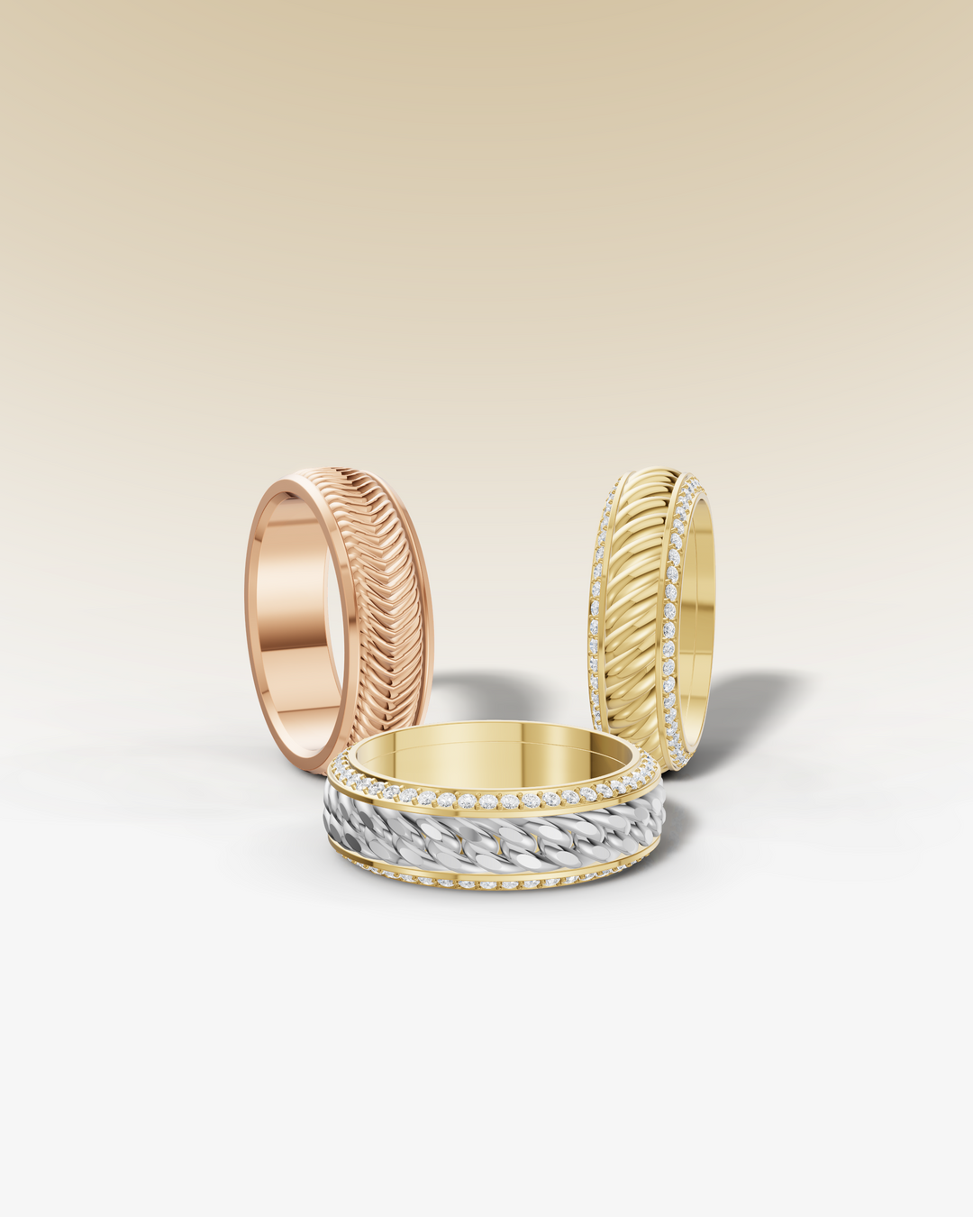 Men's modern wedding bands: Rose gold, yellow gold, and white gold with diamond details