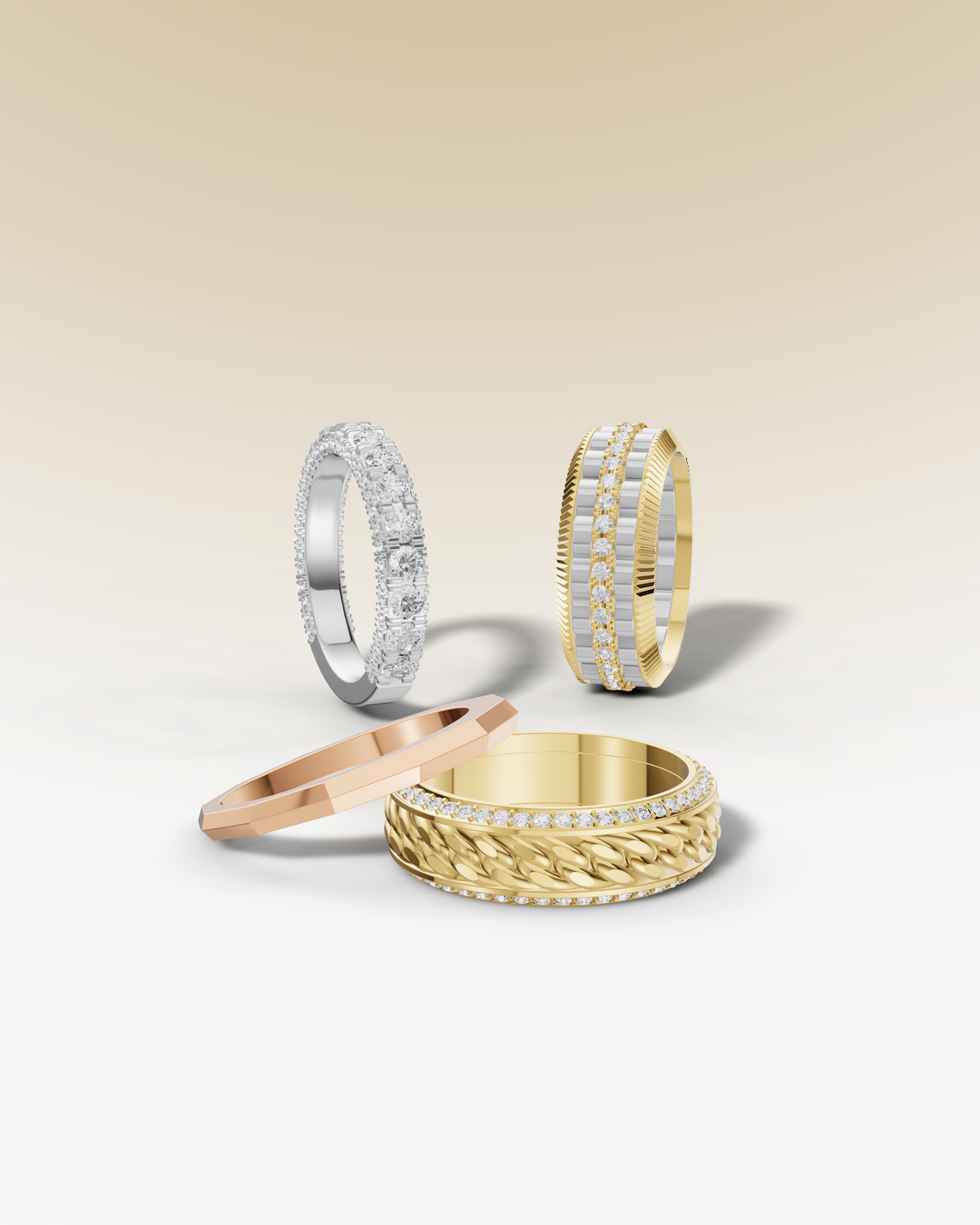 Collection of hidden halo engagement rings in silver and gold settings, featuring large central diamonds with a halo of smaller diamonds