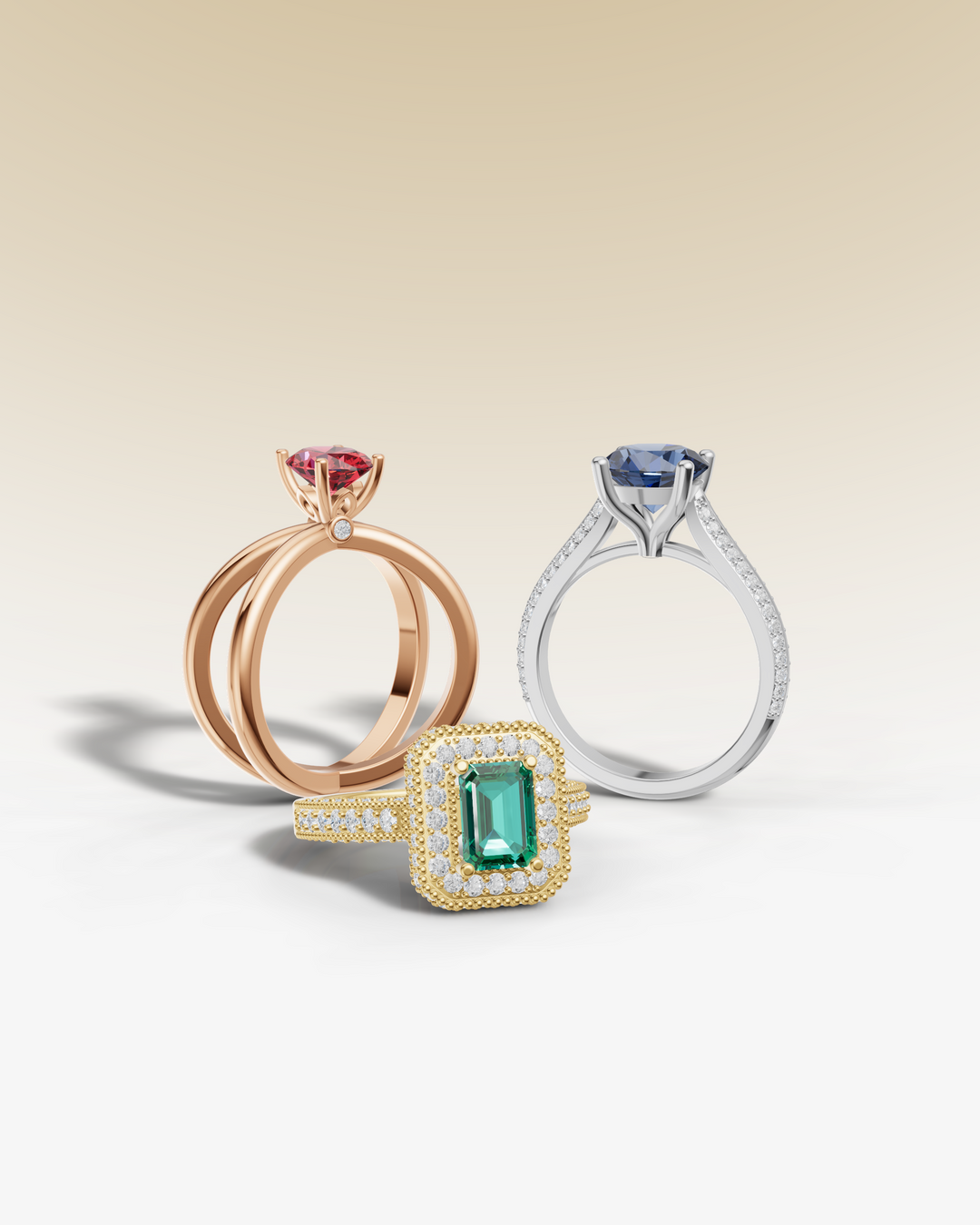 Colored engagement rings collection featuring vibrant gemstones in gold, white gold, and rose gold settings with diamond accents
