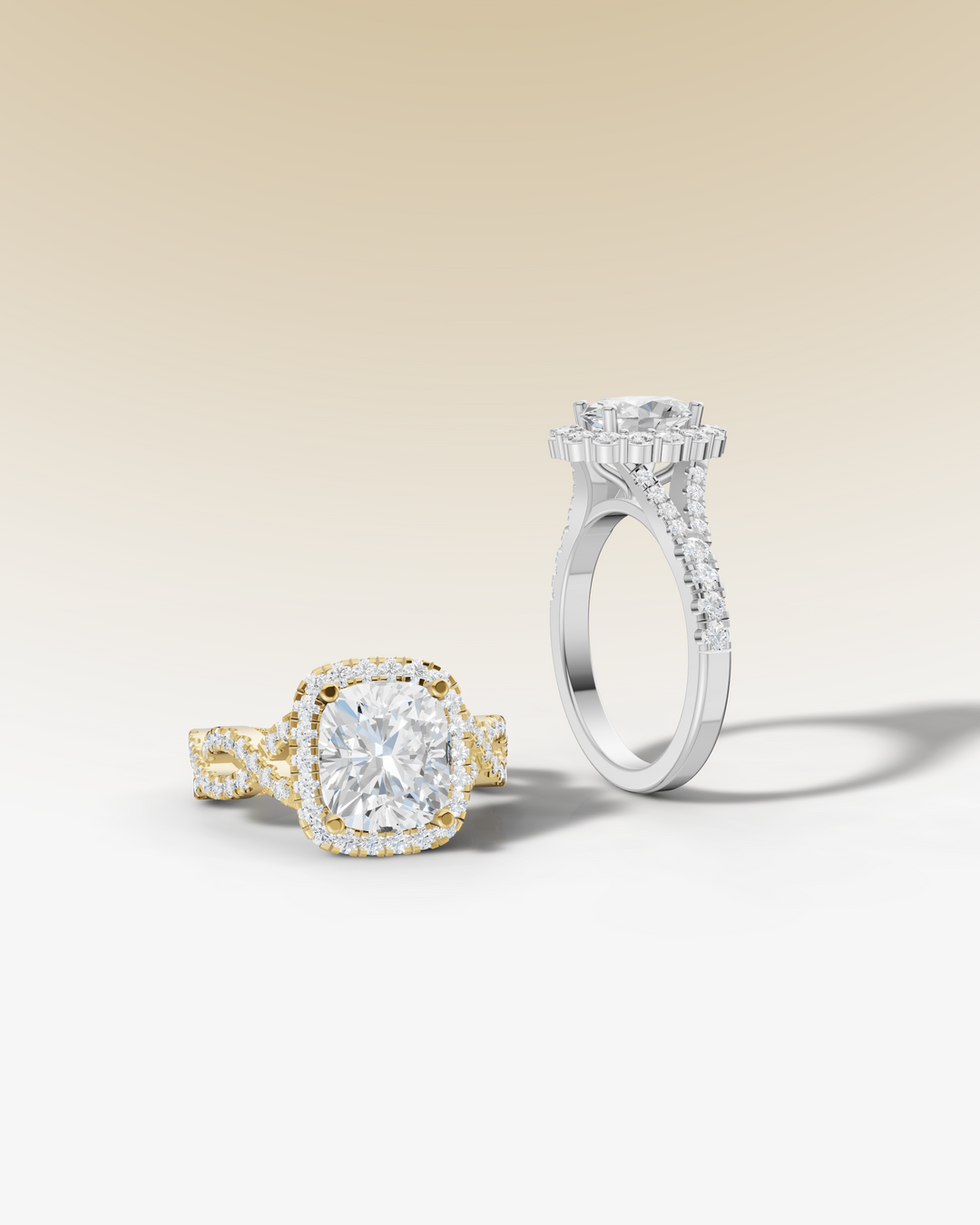 Collection of halo engagement rings featuring various designs with diamonds in white, yellow, and rose gold settings