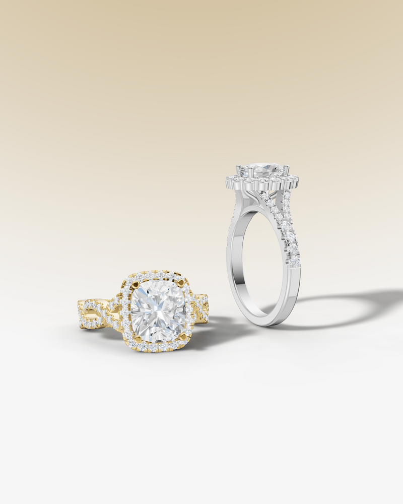 Collection of halo engagement rings featuring various designs with diamonds in white, yellow, and rose gold settings