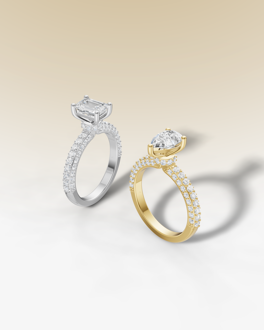 Collection of hidden halo engagement rings in silver and gold settings, featuring large central diamonds with a halo of smaller diamonds