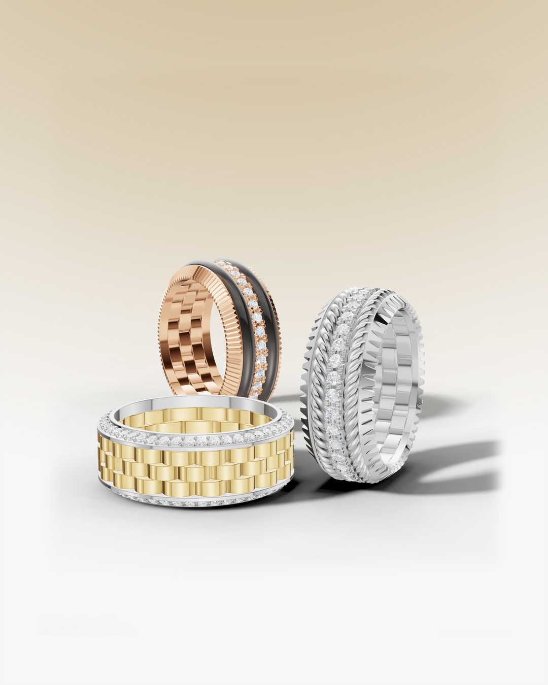 Jax Lux men's wedding bands: Rose gold with black ceramic and diamonds, yellow gold with diamonds, and two-tone braided band with diamonds.