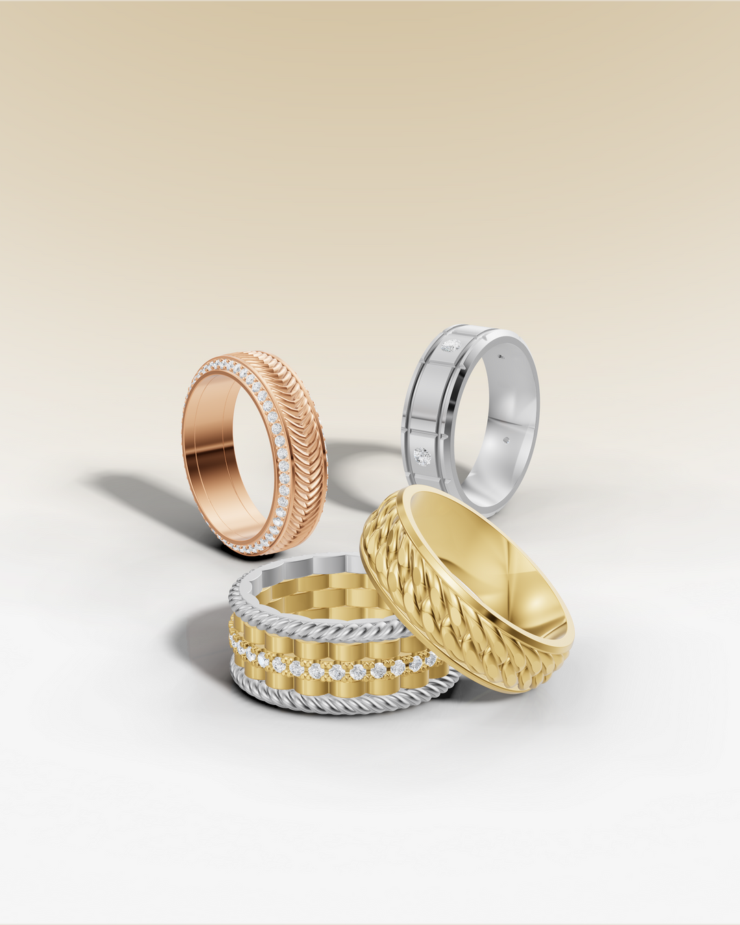 Diverse men's wedding band collection: Rose gold with textured diamonds, white gold with inset diamonds, and two-tone designs