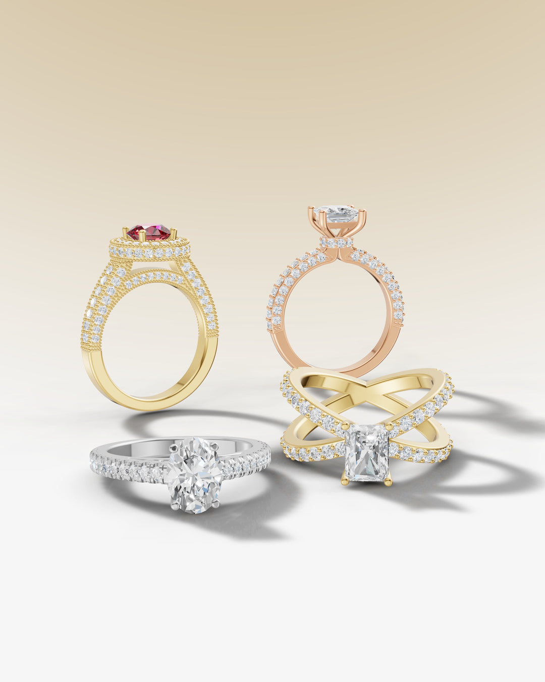 Collection of engagement rings featuring various styles with diamonds and gemstones in gold, rose gold, and silver settings
