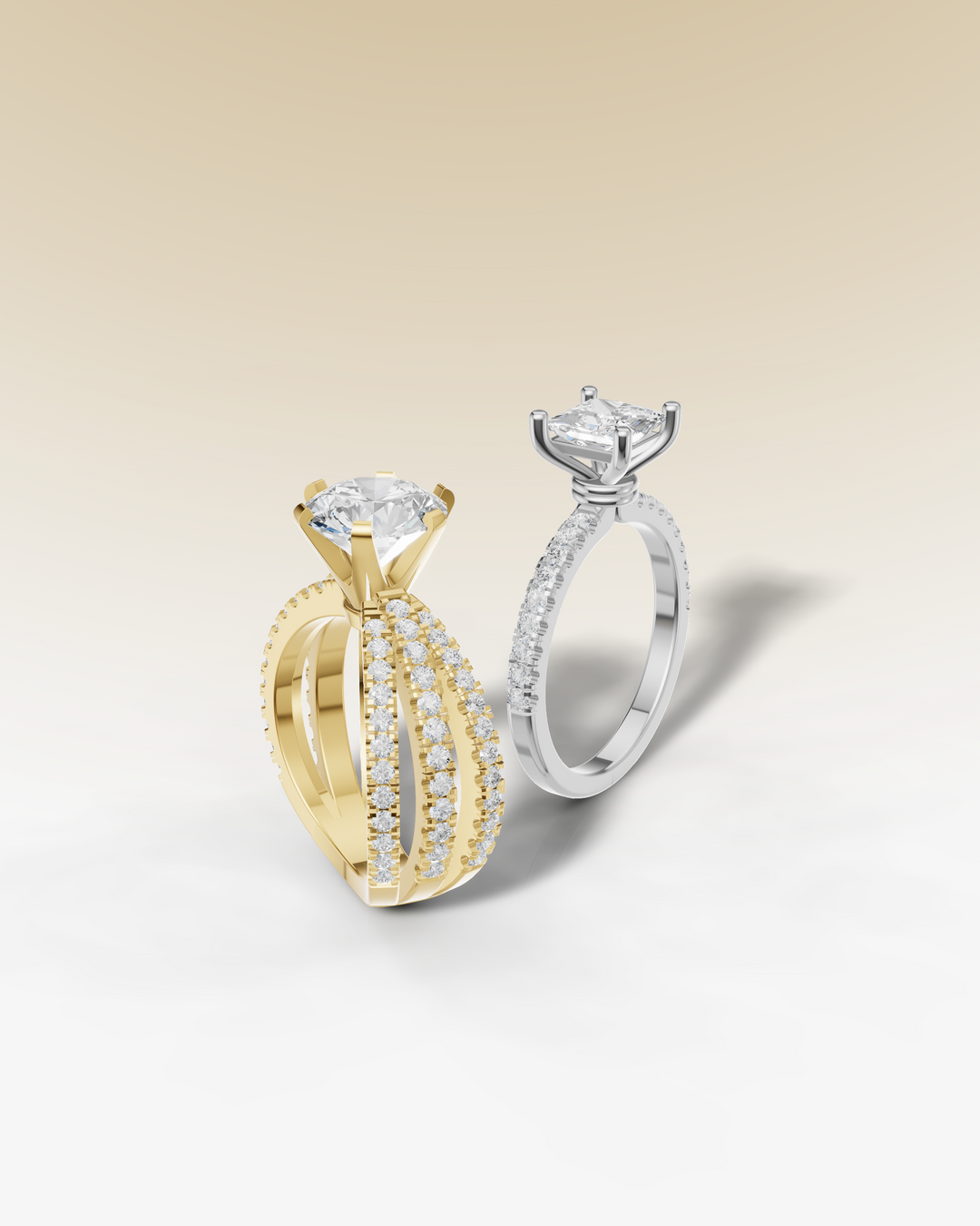 Collection of solitaire engagement rings featuring single, prominent center diamonds in various band styles in white gold and gold settings