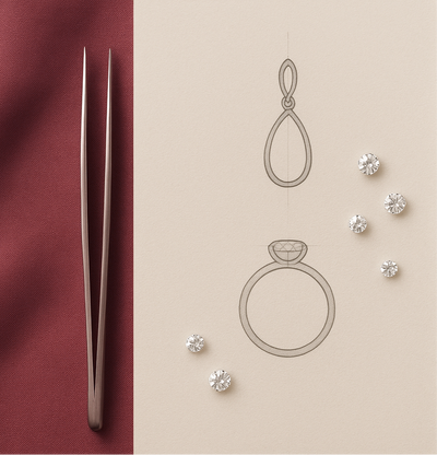 Jewelry-making tools and materials on a split red and beige backgrounds