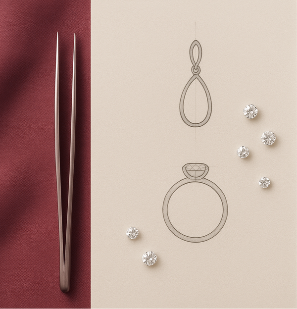 Jewelry-making tools and materials on a split red and beige backgrounds