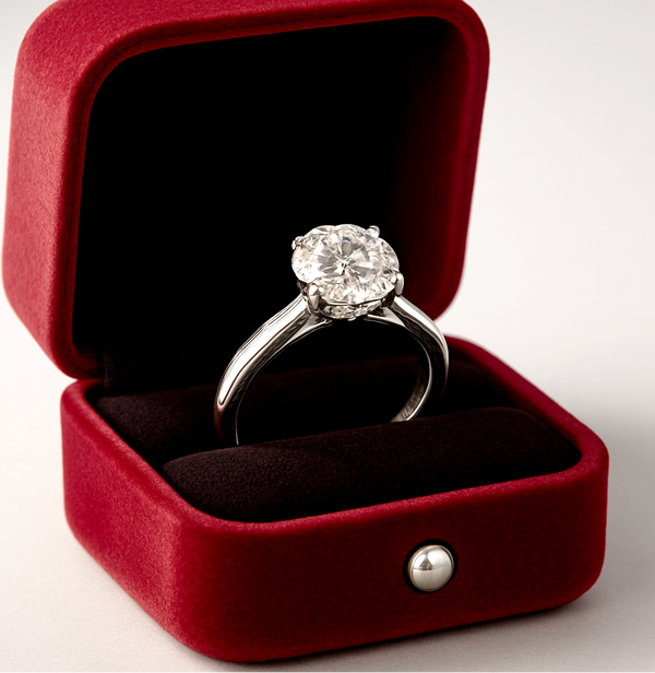 Diamond ring in a red velvet box on a light gray background