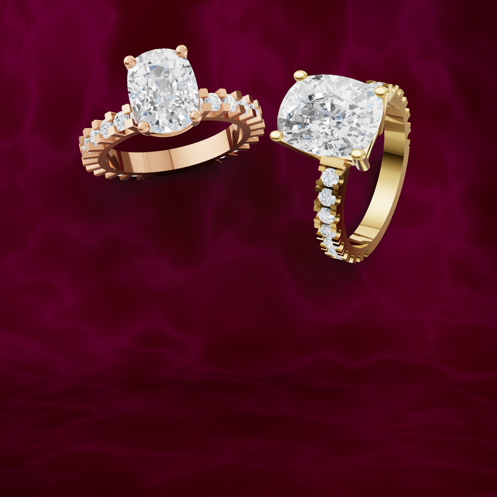gold and rose gold diamond rings on a red background