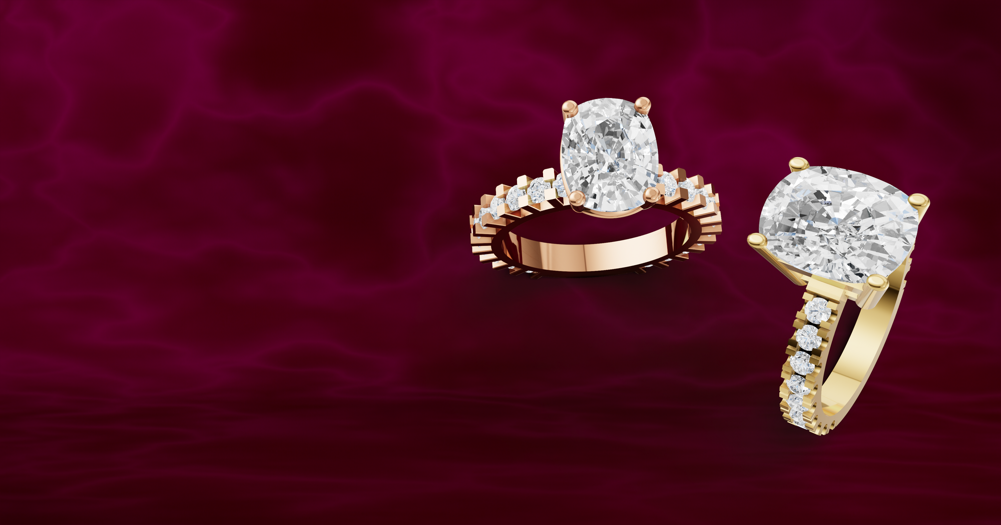 gold and rose gold diamond rings on a red background