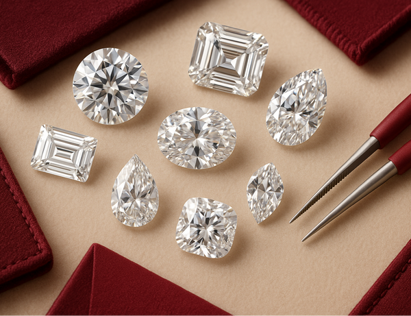 High-quality diamonds in various cuts with tweezers on beige background