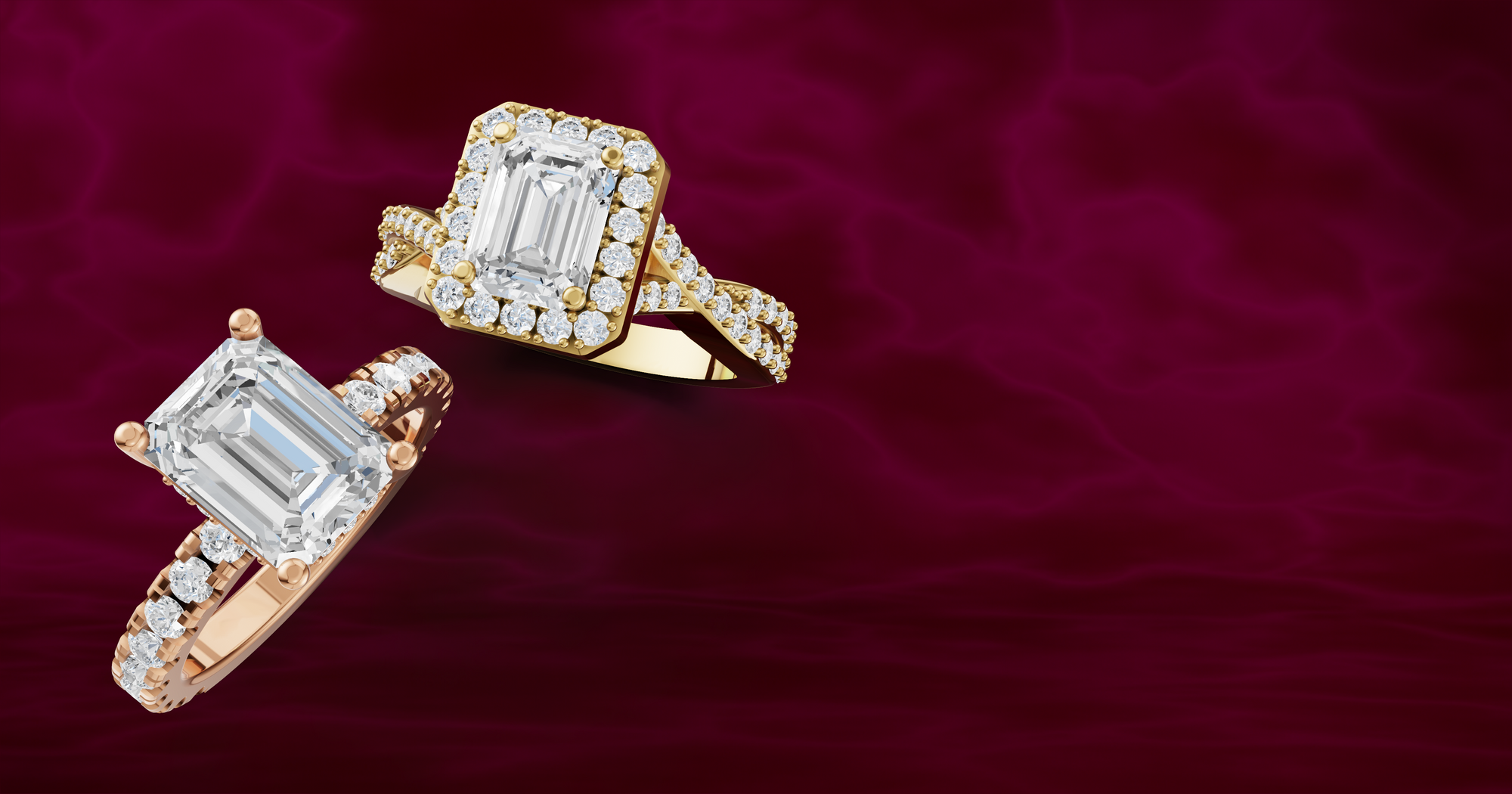 gold and rose gold diamond rings on a red background