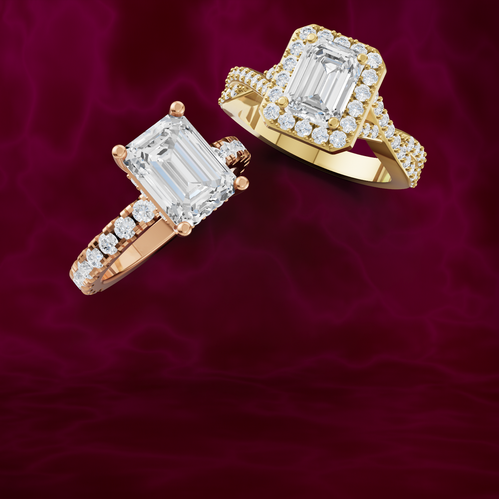 gold and rose gold diamond rings on a red background