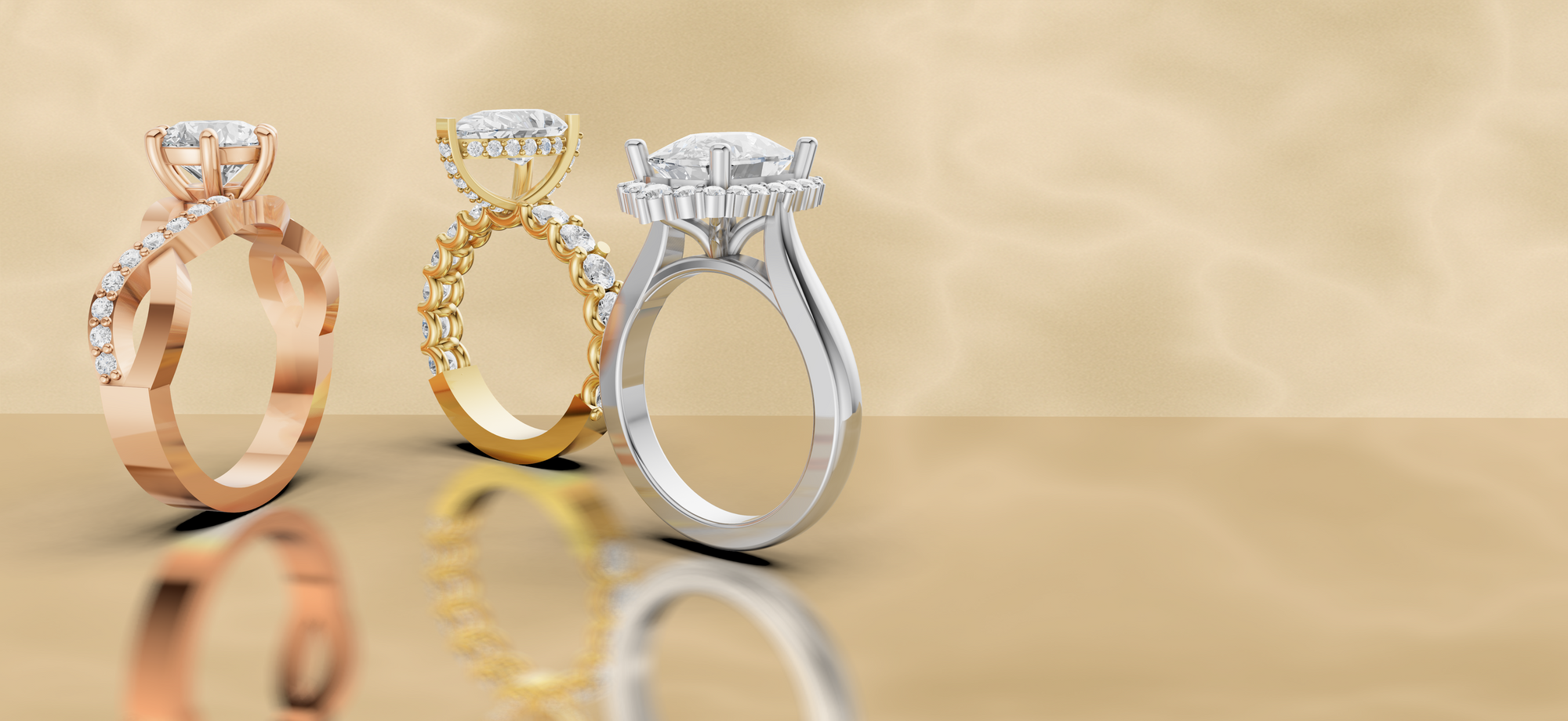 gold, rose gold and white gold diamond ring on a beige background
