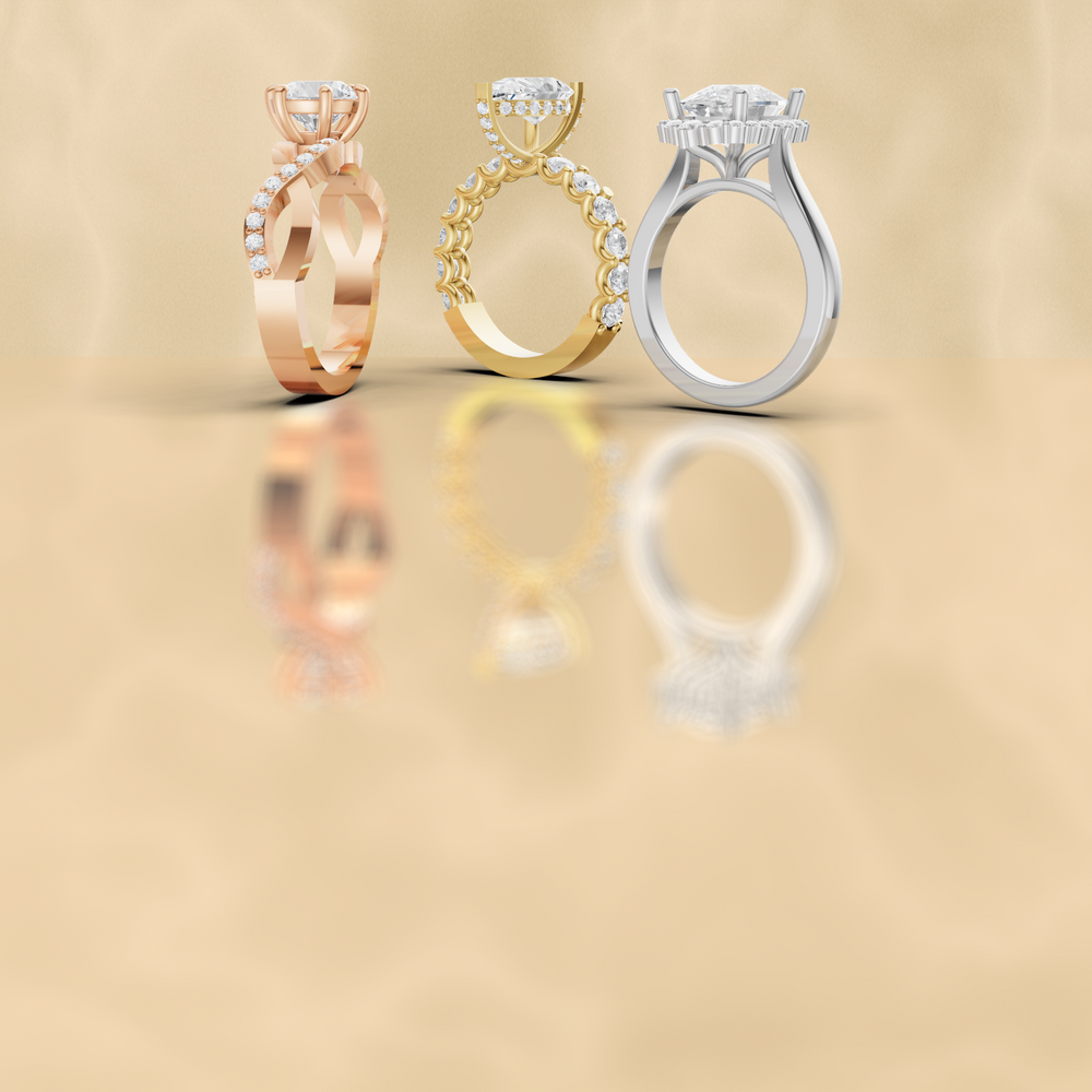gold, rose gold and white gold diamond ring on a beige background