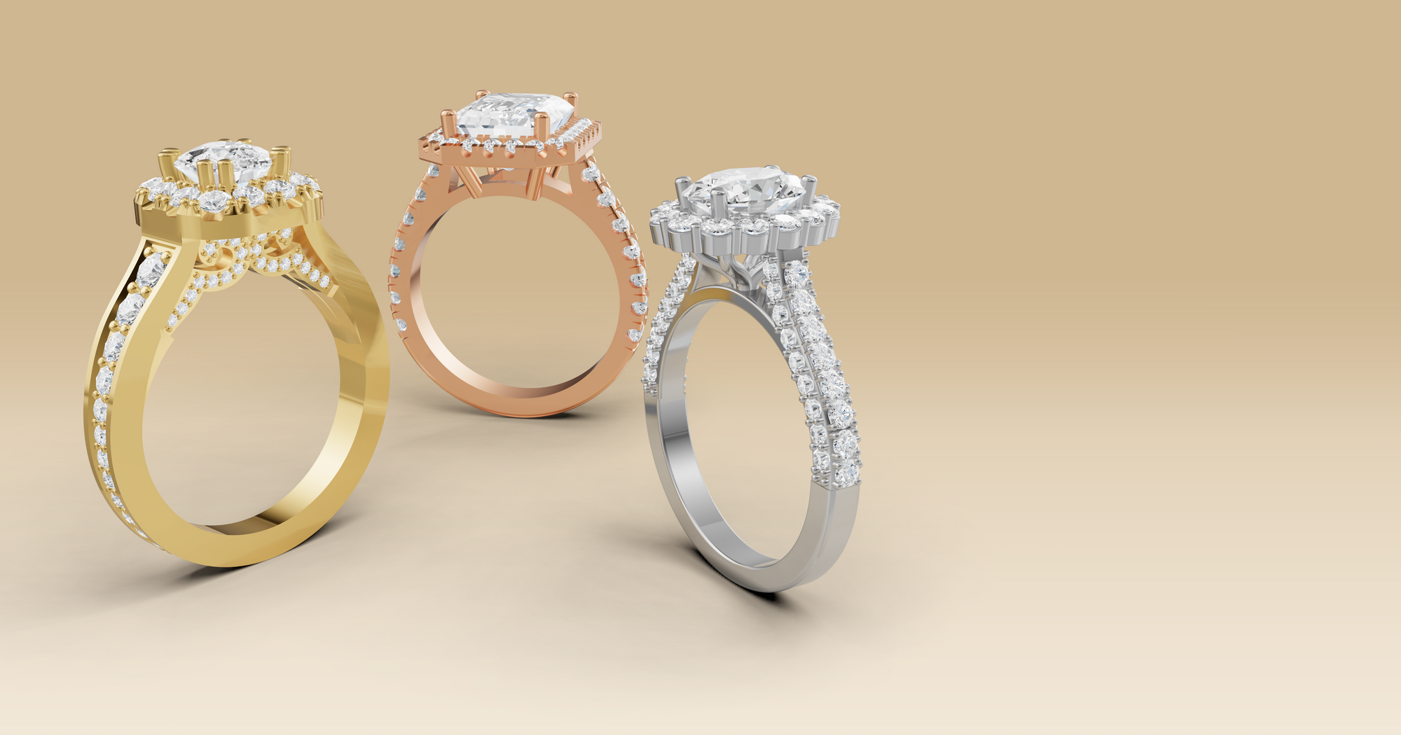 gold, rose gold and white gold diamond rings on a beige background