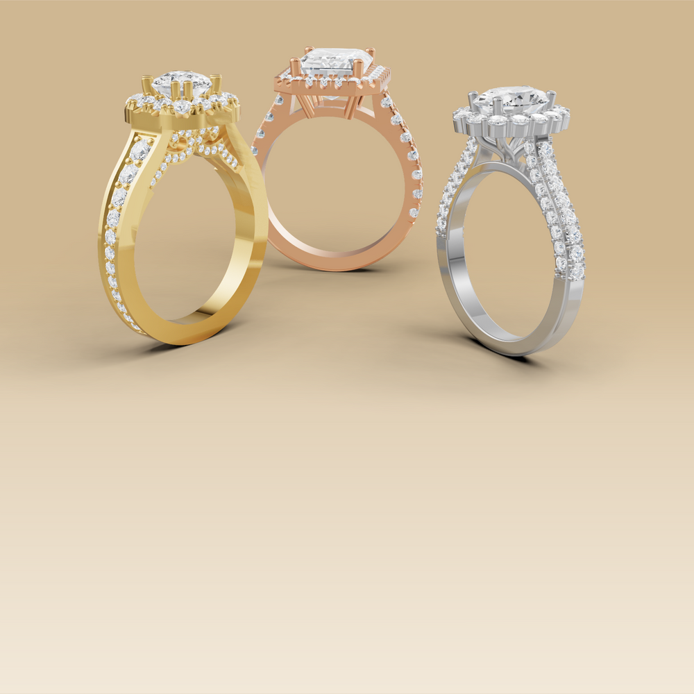 gold, rose gold and white gold diamond rings on a beige background