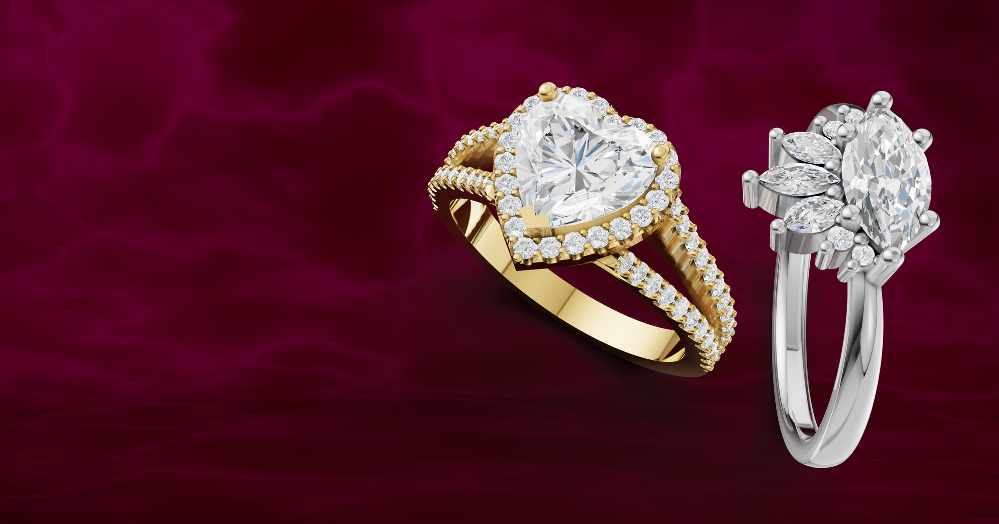 gold and white gold diamond rings on a red background