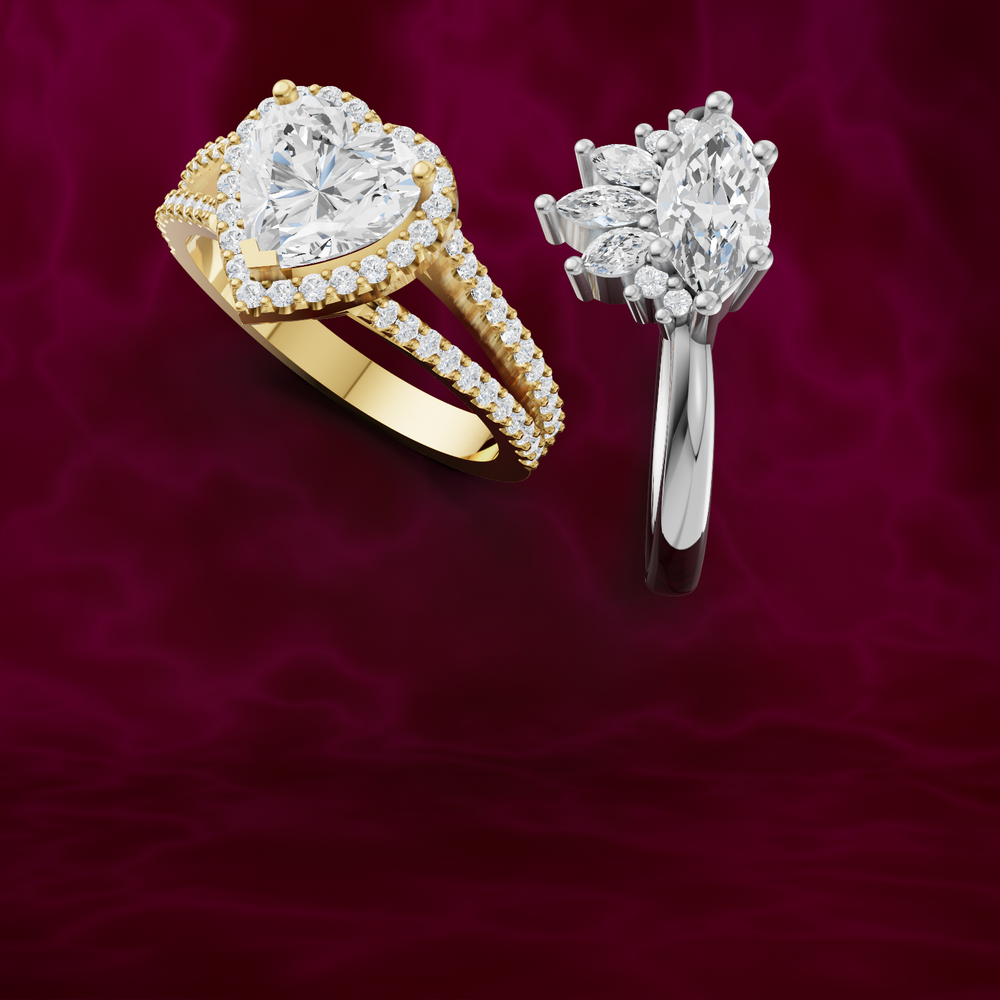 gold and white gold diamond rings on a red background