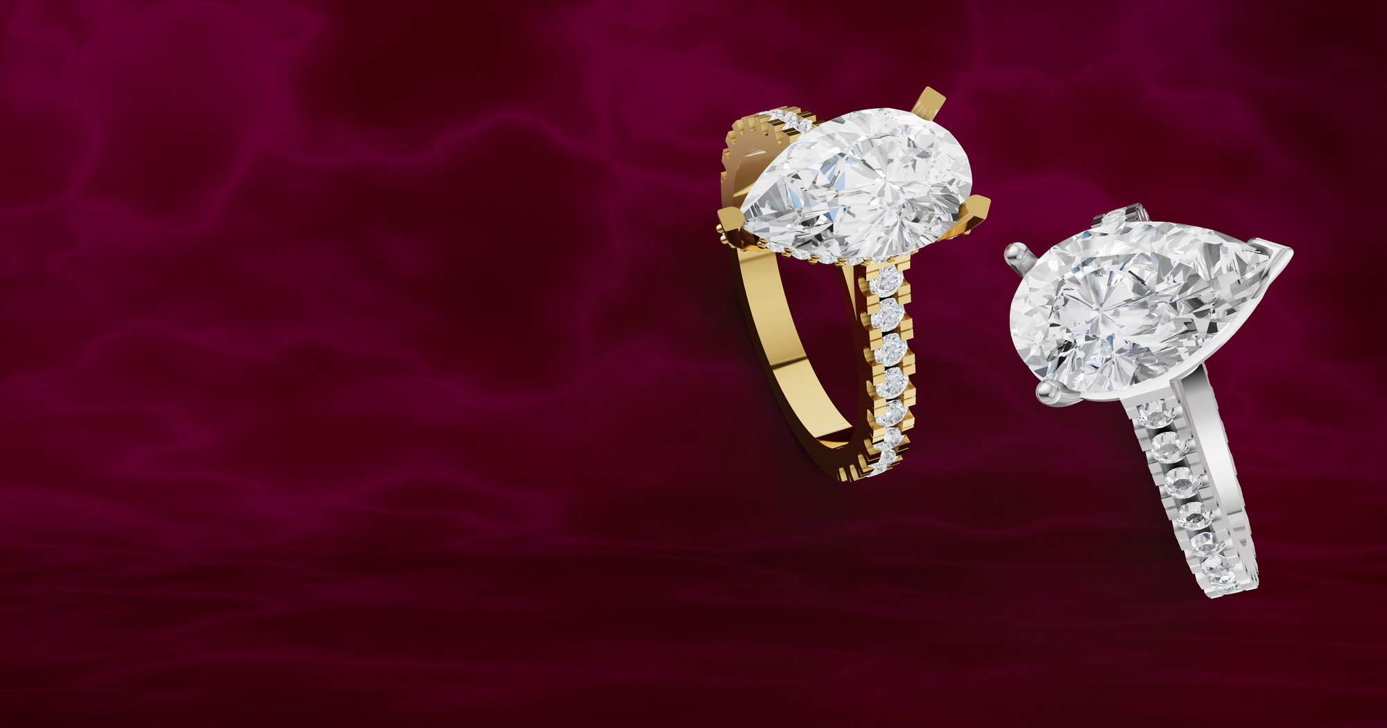 gold and white gold diamond rings on a red background