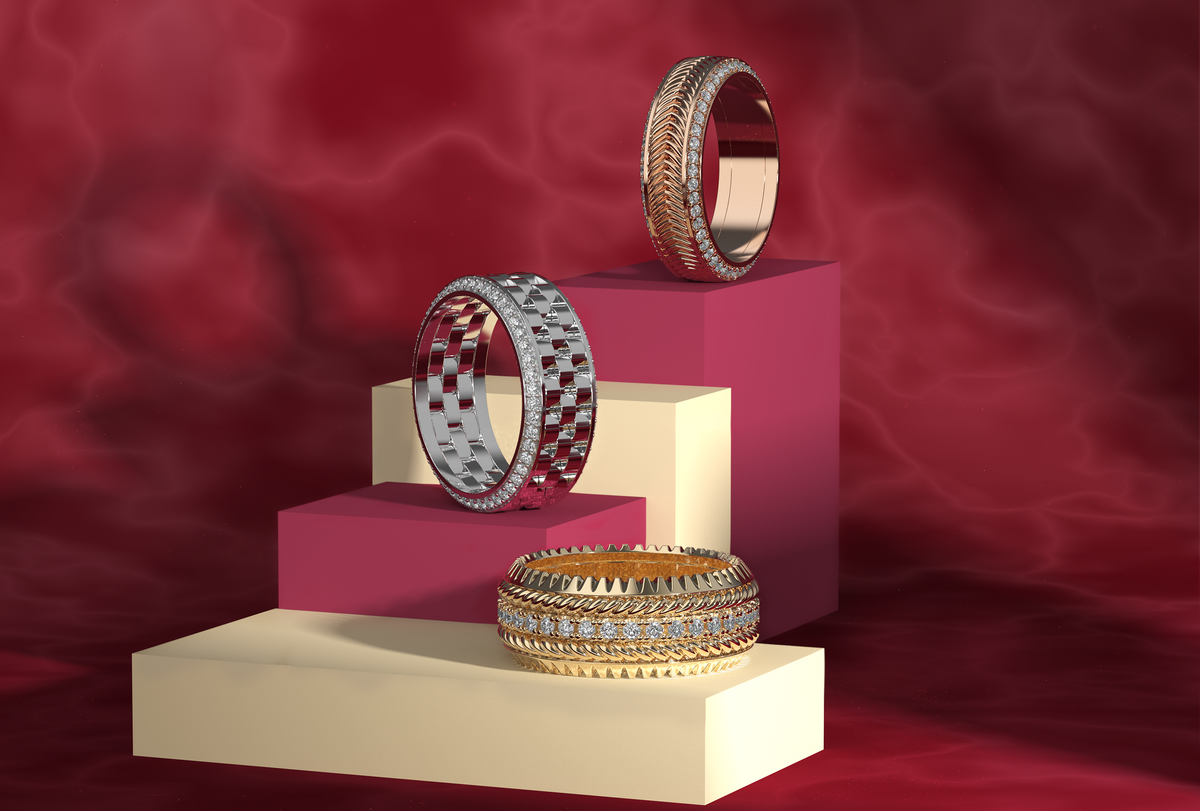Three gold rings on a geometric podium against a red background