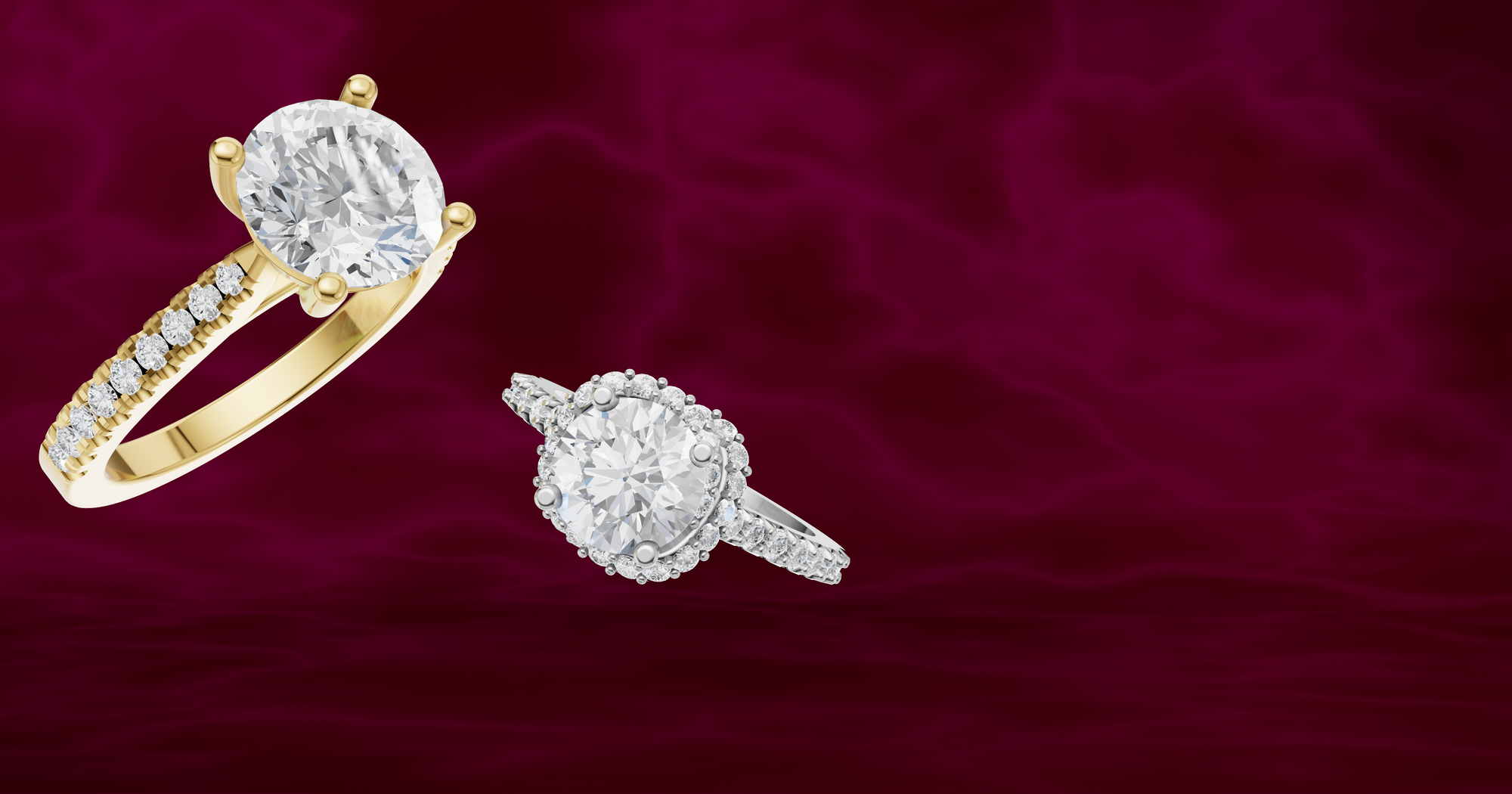 gold and white gold diamond engagement rings on a red background