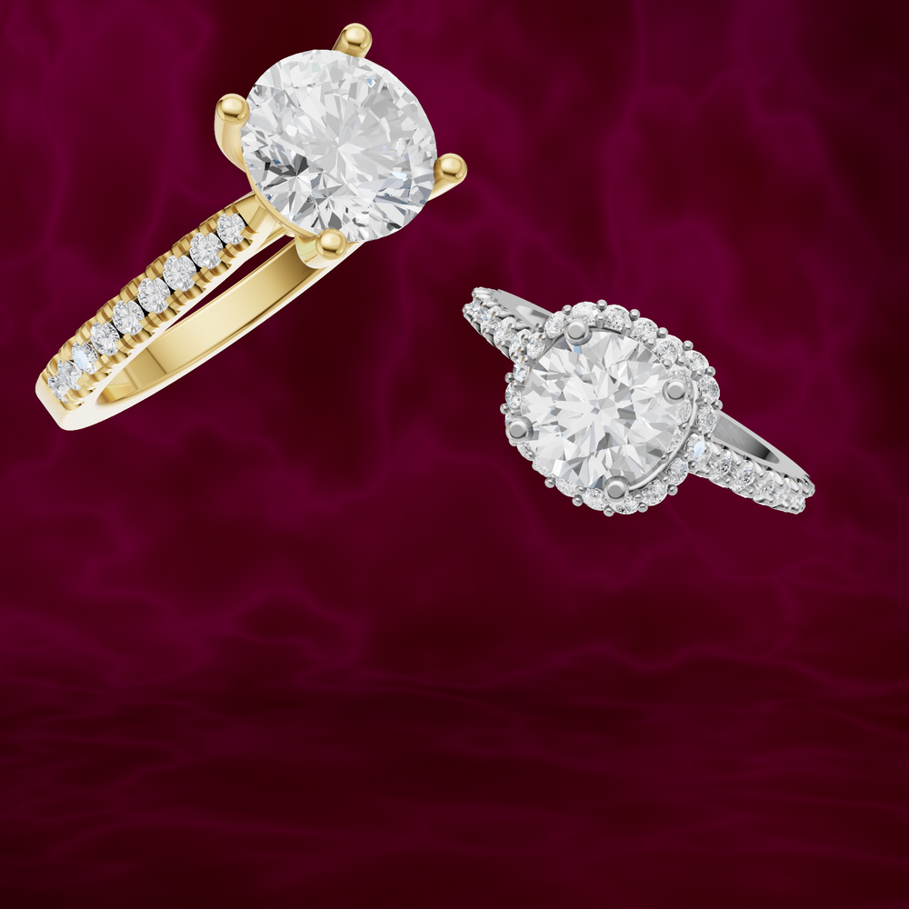 gold and white gold engagement rings on a red background