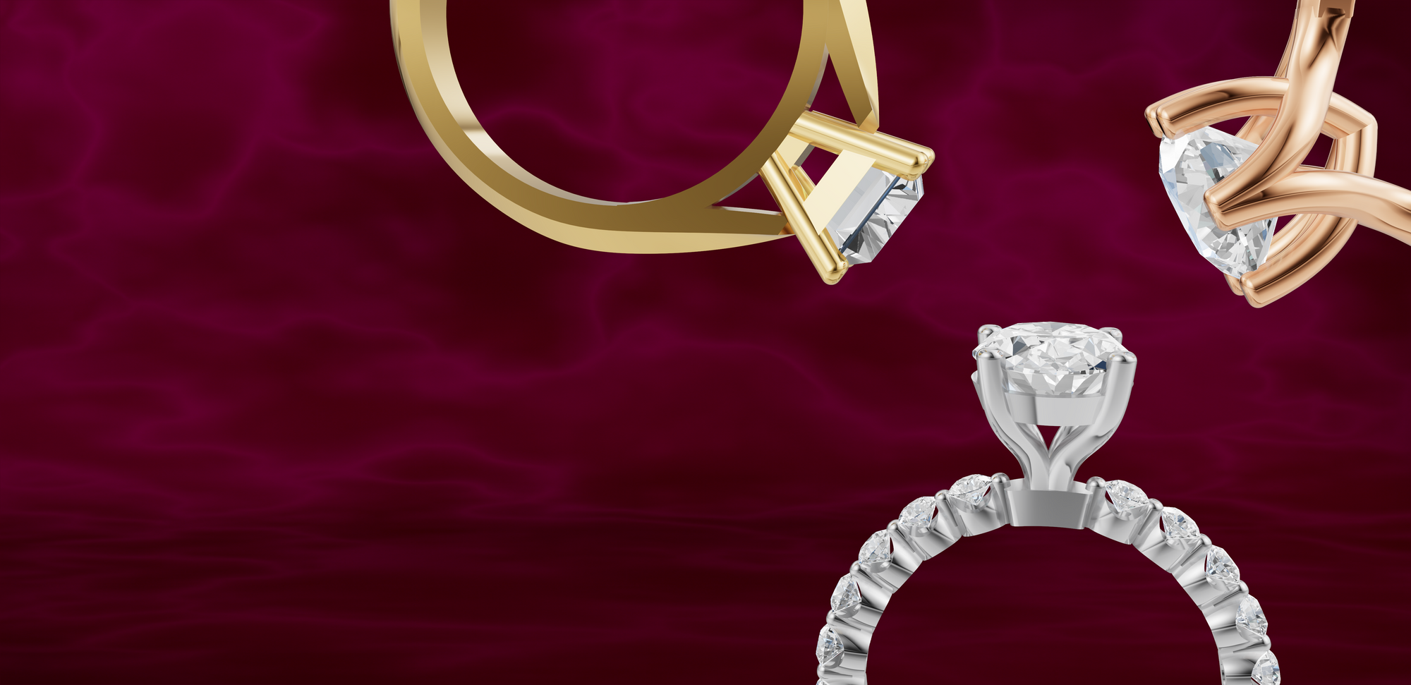 gold, rose gold and white gold diamond rings on a red background