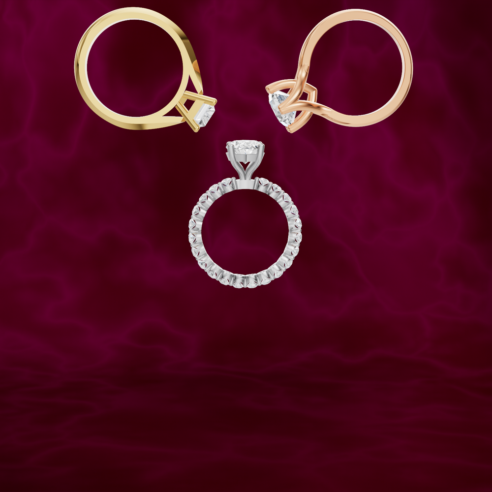 gold, rose gold and white gold diamond rings on a red background