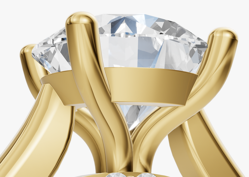 Gold ring with a large central diamond and smaller diamonds on the band against a white background