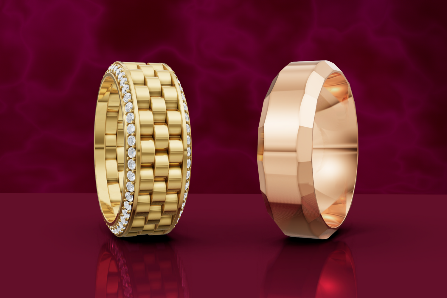 gold ring and rose gold ring on a red background