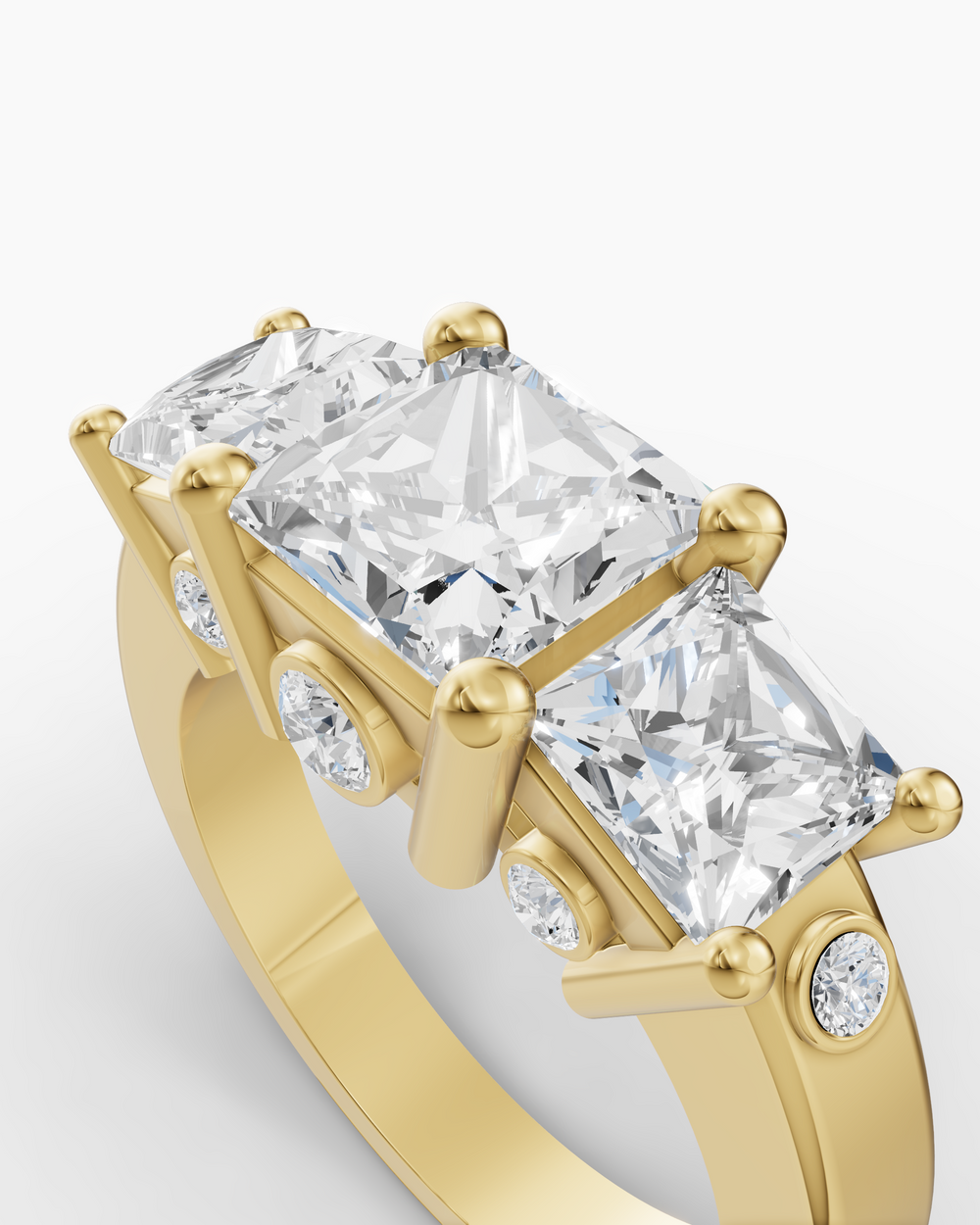 Gold ring with a large diamond and smaller diamonds on a white background