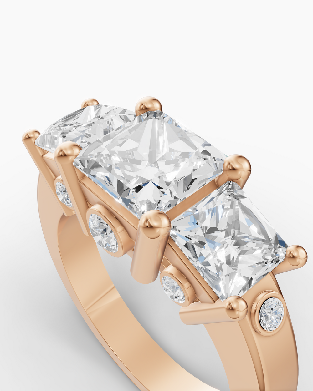 Rose gold ring with a large diamond and smaller diamonds on a light gray background