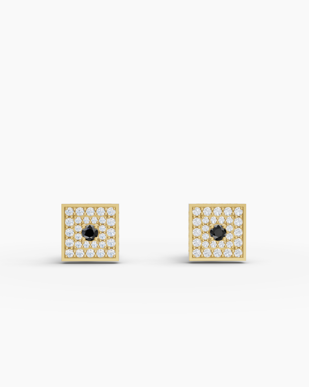Pair of square earrings with black gemstones and diamond-studded borders on a white background