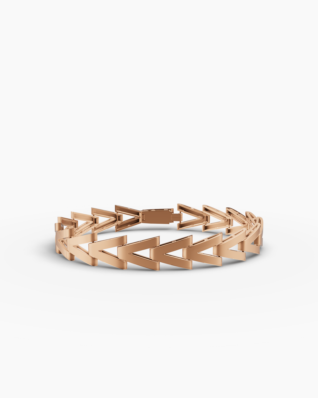 Rose gold bracelet with geometric design on a white background