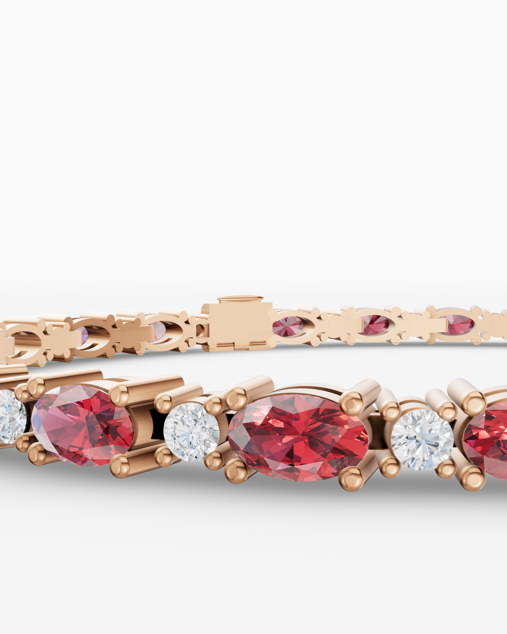 Rose gold bracelet with red gemstones and clear stones on a white background
