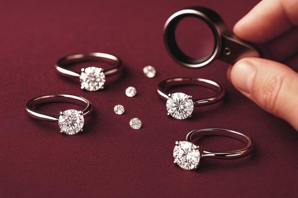 Diamond rings and loose diamonds on a red background with a hand holding a magnifying glass.