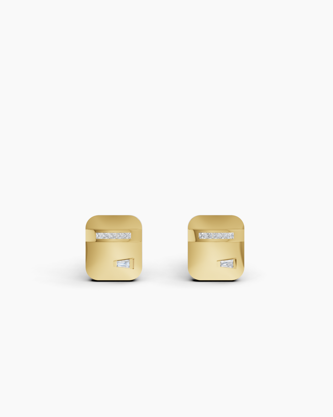 Gold earrings with embedded diamonds on a white background