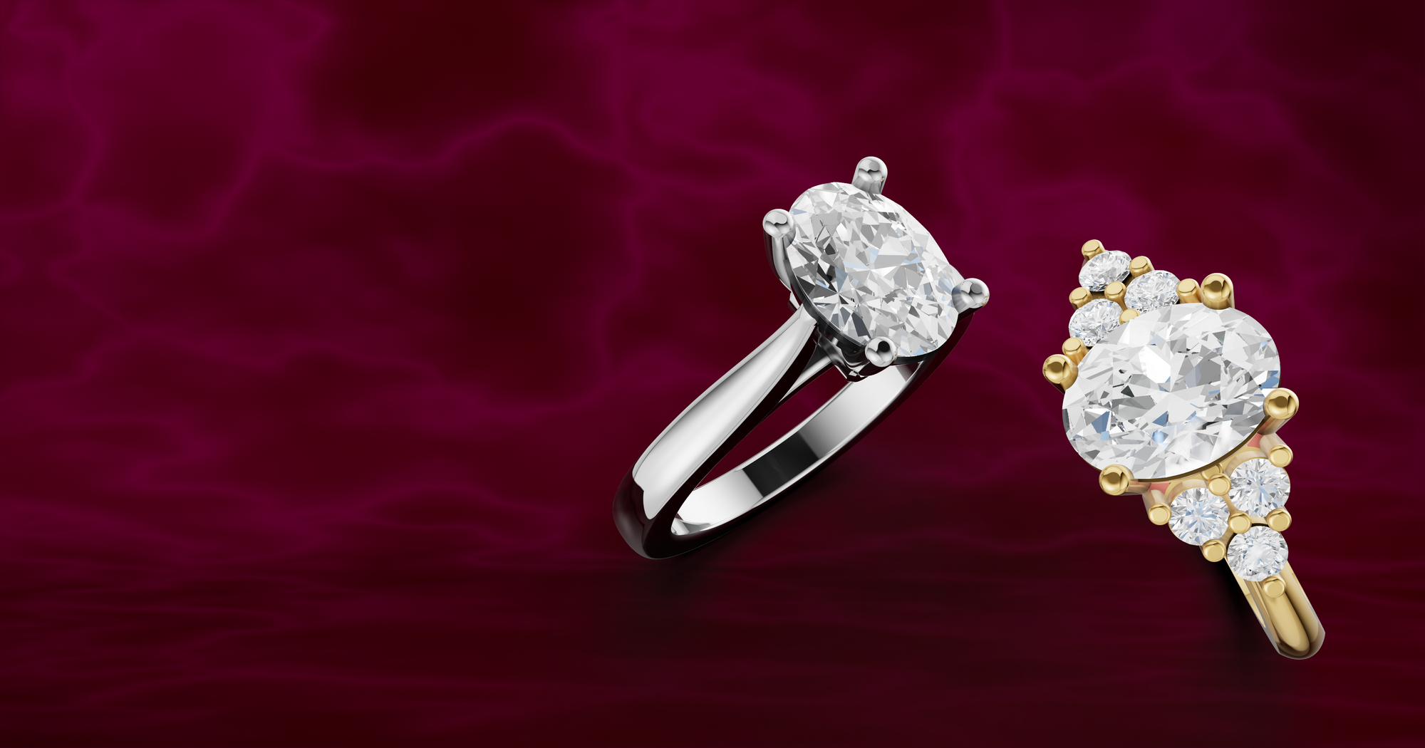 white gold and gold diamond rings on a red background