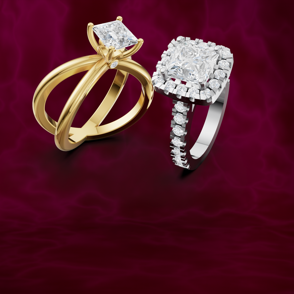 gold and white gold diamond rings on a red background