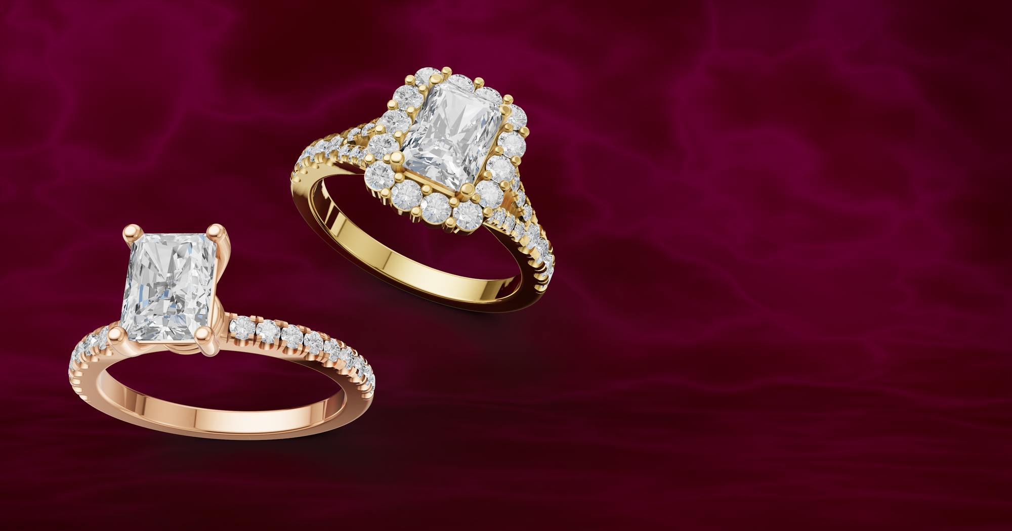 gold and rose gold diamond rings on a red background