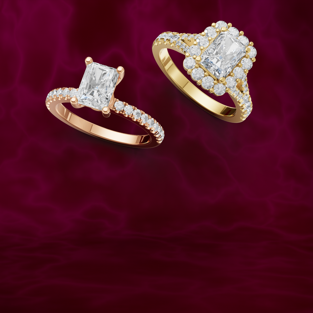 gold and rose gold diamond rings on a red background